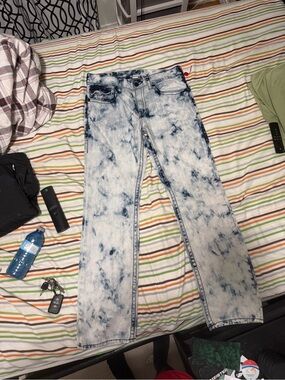 True Religion Light Blue Acid Wash Wide Leg Jeans